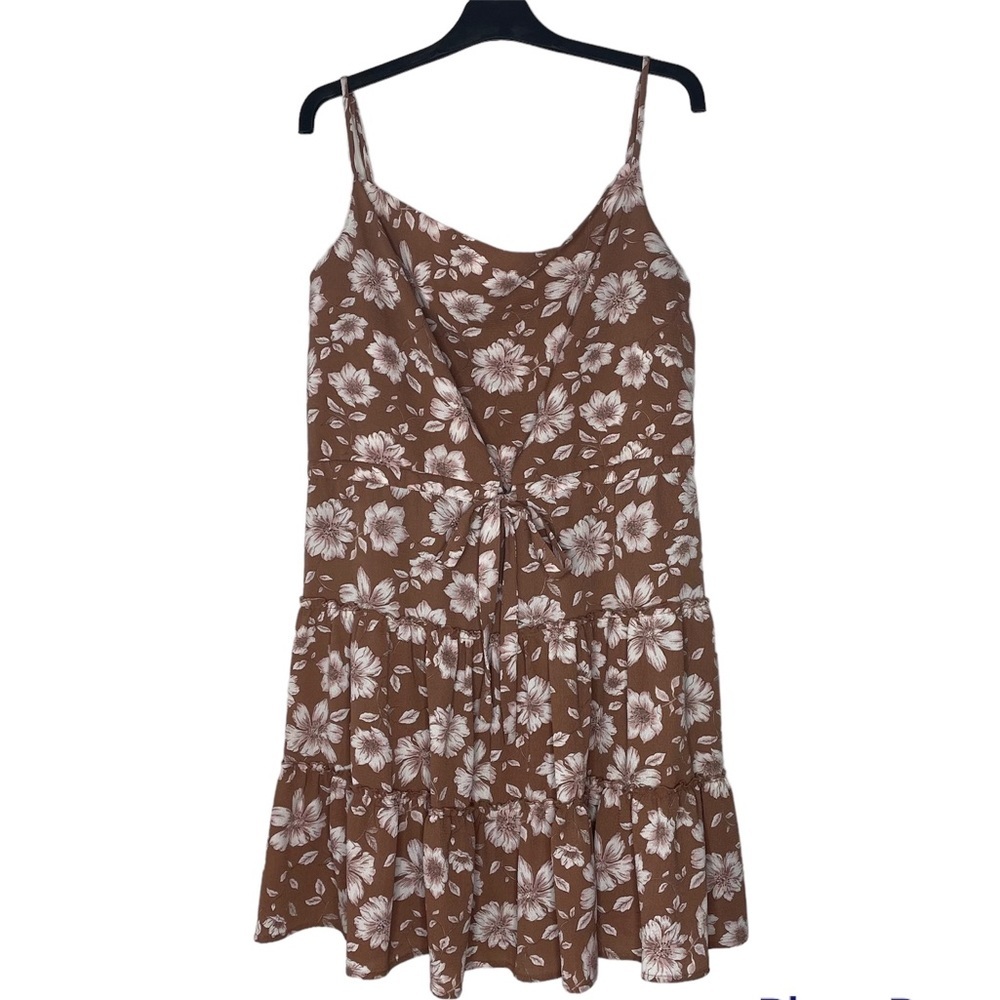 Honey and Rosie Spaghetti Strap Cowl Neck Tie Waist Tiered Floral Dress